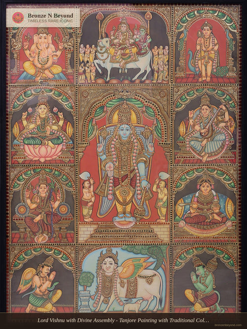 Lord Vishnu with Divine Assembly - Tanjore Painting with Traditional Colours and 24K Gold – Framed