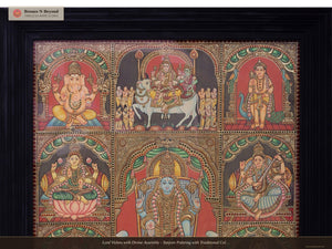 Lord Vishnu with Divine Assembly - Tanjore Painting with Traditional Colours and 24K Gold – Framed