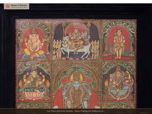 Lord Vishnu with Divine Assembly - Tanjore Painting with Traditional Colours and 24K Gold – Framed