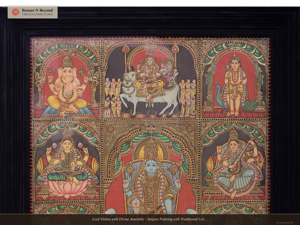 Lord Vishnu with Divine Assembly - Tanjore Painting with Traditional Colours and 24K Gold – Framed