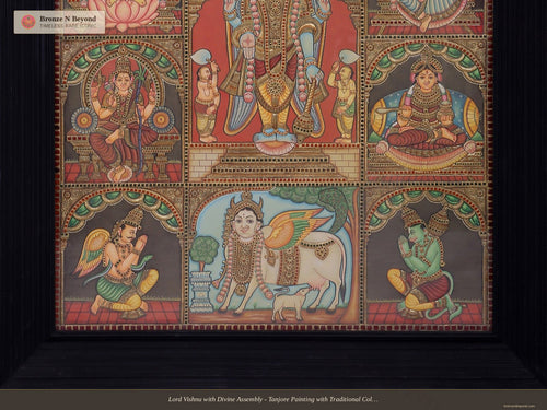 Lord Vishnu with Divine Assembly - Tanjore Painting with Traditional Colours and 24K Gold – Framed