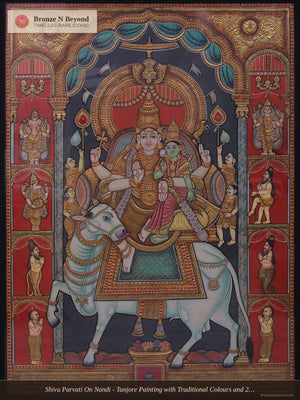 Shiva Parvati On Nandi - Tanjore Painting with Traditional Colours and 24K Gold - Teakwood Frame