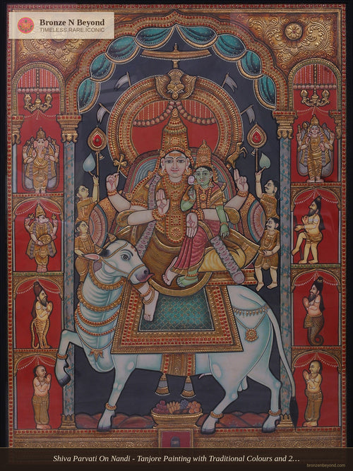 Shiva Parvati On Nandi - Tanjore Painting with Traditional Colours and 24K Gold - Teakwood Frame
