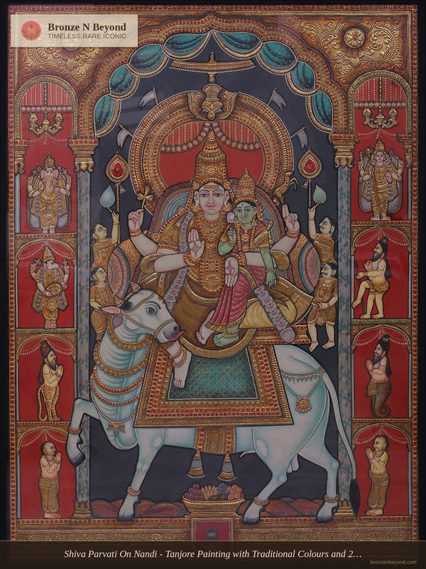 Shiva Parvati On Nandi - Tanjore Painting with Traditional Colours and 24K Gold - Teakwood Frame