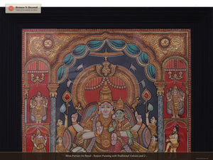 Shiva Parvati On Nandi - Tanjore Painting with Traditional Colours and 24K Gold - Teakwood Frame