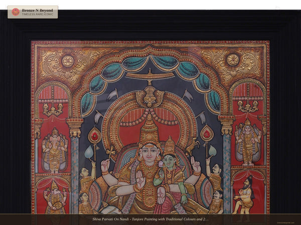 Shiva Parvati On Nandi - Tanjore Painting with Traditional Colours and 24K Gold - Teakwood Frame
