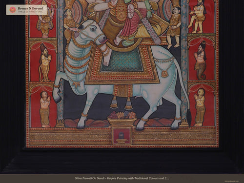 Shiva Parvati On Nandi - Tanjore Painting with Traditional Colours and 24K Gold - Teakwood Frame