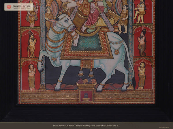 Shiva Parvati On Nandi - Tanjore Painting with Traditional Colours and 24K Gold - Teakwood Frame