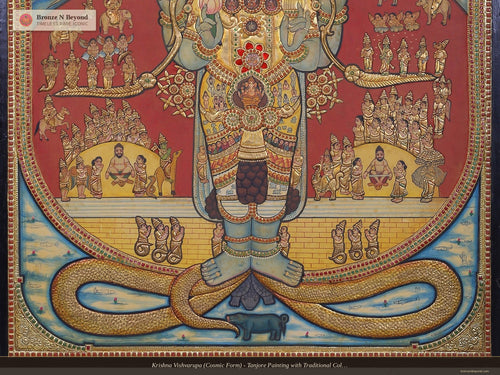Krishna Vishvarupa (Cosmic Form) - Tanjore Painting with Traditional Colours and 24K Gold - Teakwood Frame
