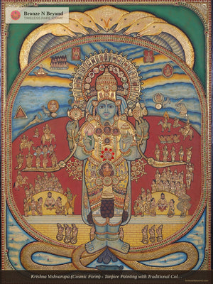 Krishna Vishvarupa (Cosmic Form) - Tanjore Painting with Traditional Colours and 24K Gold - Teakwood Frame