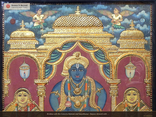 Krishna with His Consorts Rukmini and Satyabhama - Tanjore Artwork with Traditional Colours and 24K Gold