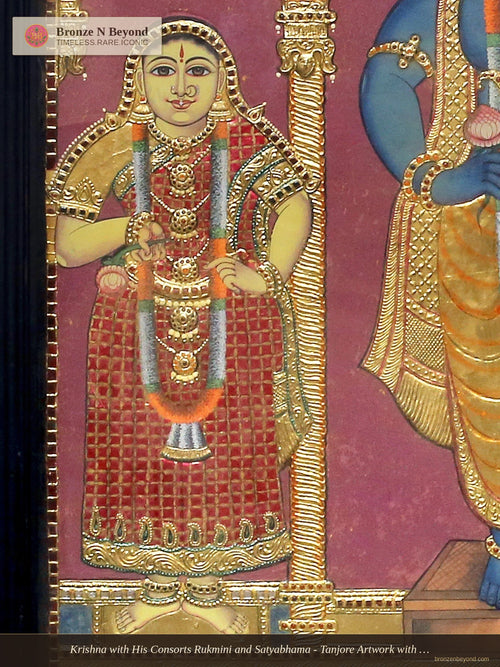 Krishna with His Consorts Rukmini and Satyabhama - Tanjore Artwork with Traditional Colours and 24K Gold