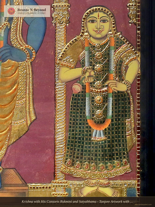 Krishna with His Consorts Rukmini and Satyabhama - Tanjore Artwork with Traditional Colours and 24K Gold