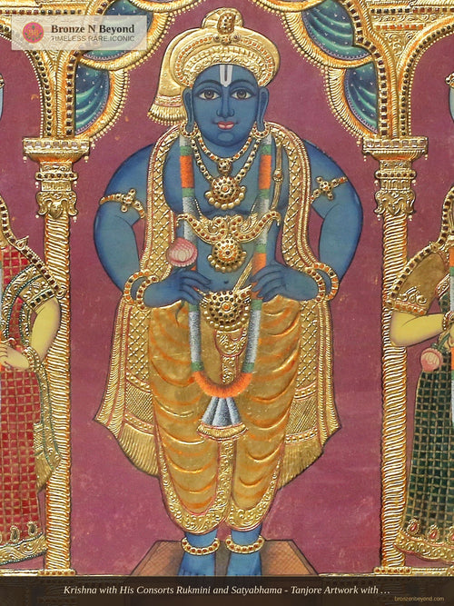 Krishna with His Consorts Rukmini and Satyabhama - Tanjore Artwork with Traditional Colours and 24K Gold