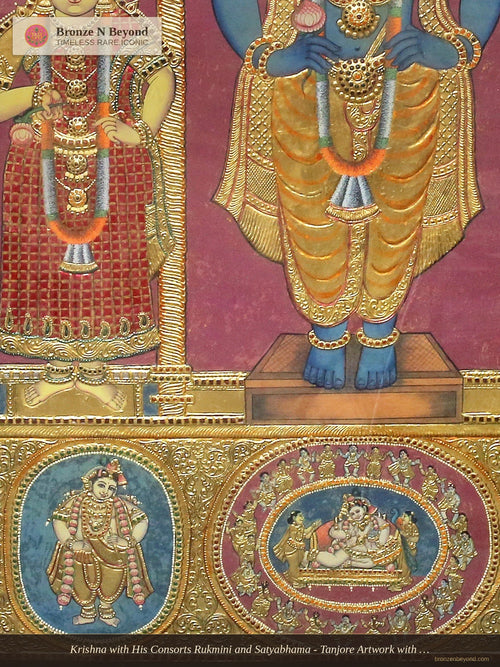 Krishna with His Consorts Rukmini and Satyabhama - Tanjore Artwork with Traditional Colours and 24K Gold
