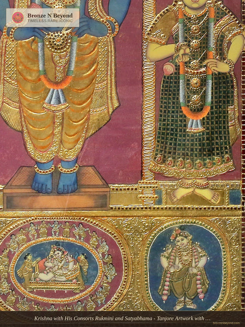 Krishna with His Consorts Rukmini and Satyabhama - Tanjore Artwork with Traditional Colours and 24K Gold