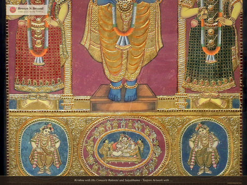 Krishna with His Consorts Rukmini and Satyabhama - Tanjore Artwork with Traditional Colours and 24K Gold