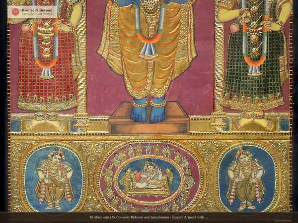 Krishna with His Consorts Rukmini and Satyabhama - Tanjore Artwork with Traditional Colours and 24K Gold