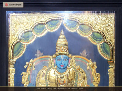 Lord Vishnu in Standing Form - Tanjore Artwork with Traditional Colours and 24K Gold