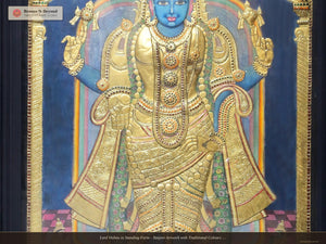 Lord Vishnu in Standing Form - Tanjore Artwork with Traditional Colours and 24K Gold