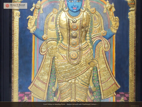 Lord Vishnu in Standing Form - Tanjore Artwork with Traditional Colours and 24K Gold