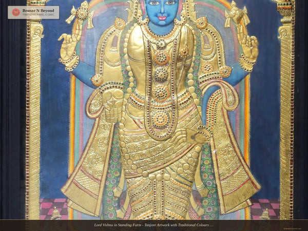 Lord Vishnu in Standing Form - Tanjore Artwork with Traditional Colours and 24K Gold