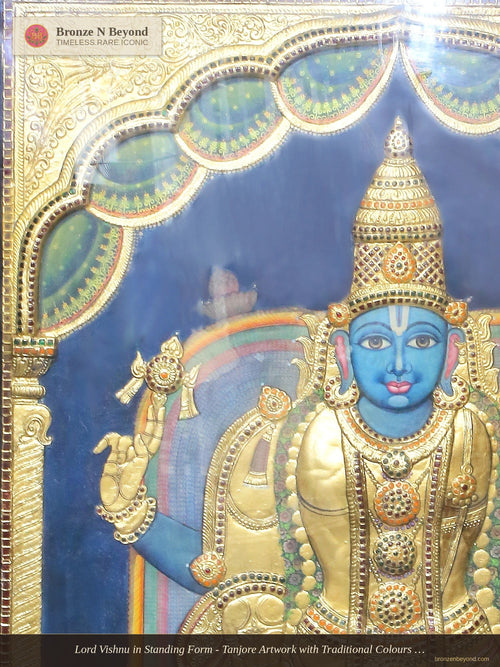 Lord Vishnu in Standing Form - Tanjore Artwork with Traditional Colours and 24K Gold