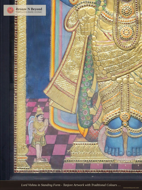 Lord Vishnu in Standing Form - Tanjore Artwork with Traditional Colours and 24K Gold