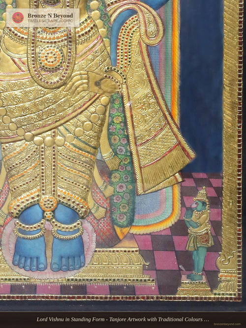 Lord Vishnu in Standing Form - Tanjore Artwork with Traditional Colours and 24K Gold