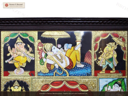 Ganesha in Various Manifestations - Tanjore Artwork with Traditional Colours and 24K Gold