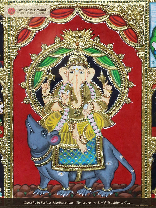 Ganesha in Various Manifestations - Tanjore Artwork with Traditional Colours and 24K Gold