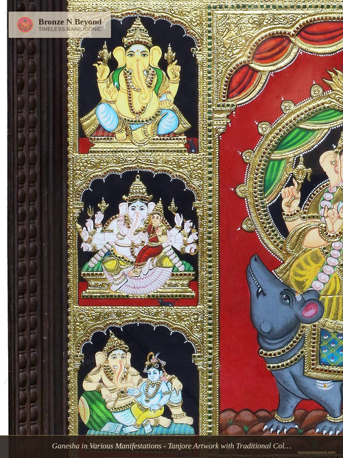 Ganesha in Various Manifestations - Tanjore Artwork with Traditional Colours and 24K Gold