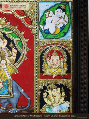 Ganesha in Various Manifestations - Tanjore Artwork with Traditional Colours and 24K Gold