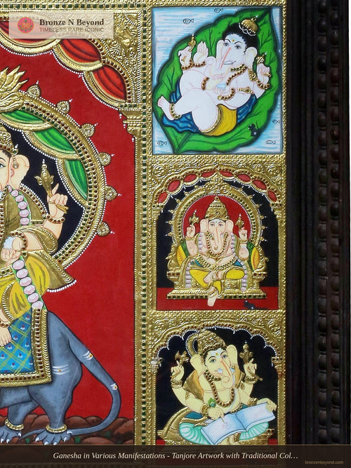 Ganesha in Various Manifestations - Tanjore Artwork with Traditional Colours and 24K Gold