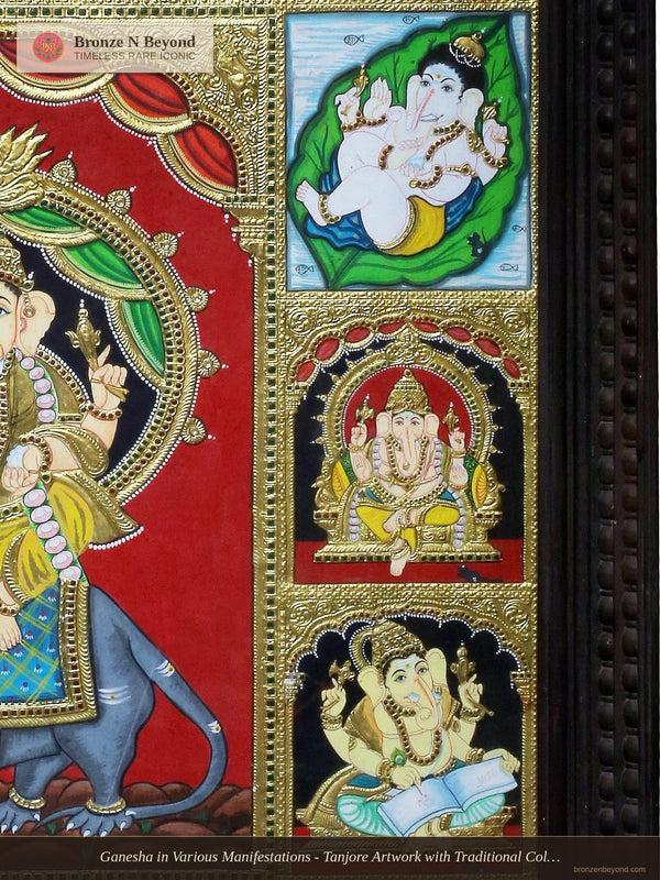 Ganesha in Various Manifestations - Tanjore Artwork with Traditional Colours and 24K Gold