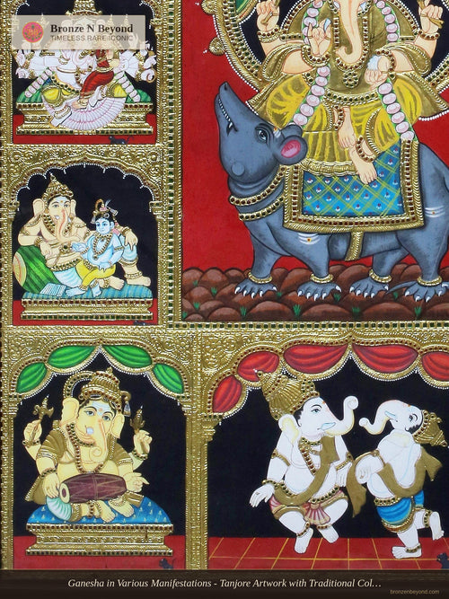 Ganesha in Various Manifestations - Tanjore Artwork with Traditional Colours and 24K Gold