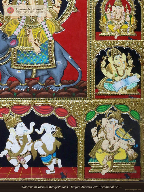 Ganesha in Various Manifestations - Tanjore Artwork with Traditional Colours and 24K Gold