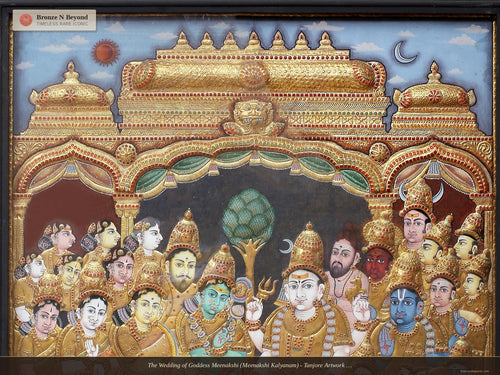 The Wedding of Goddess Meenakshi (Meenakshi Kalyanam) - Tanjore Artwork with Traditional Colours and 24K Gold