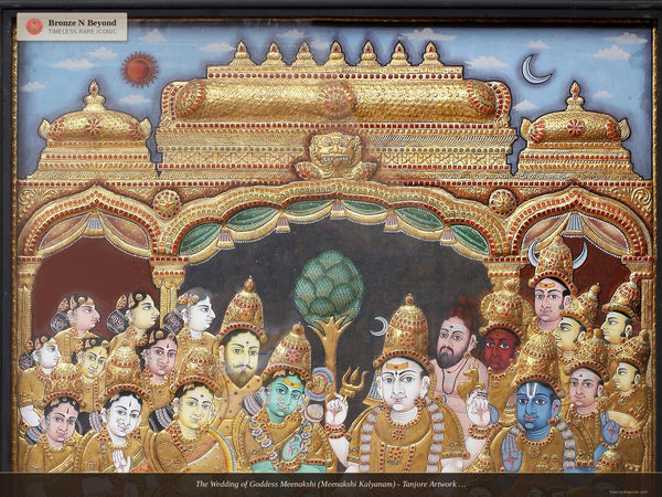 The Wedding of Goddess Meenakshi (Meenakshi Kalyanam) - Tanjore Artwork with Traditional Colours and 24K Gold