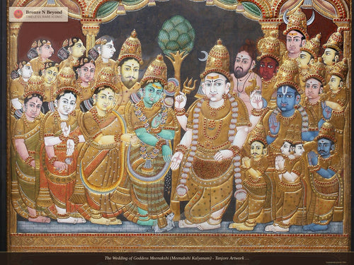 The Wedding of Goddess Meenakshi (Meenakshi Kalyanam) - Tanjore Artwork with Traditional Colours and 24K Gold
