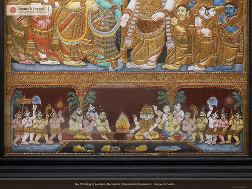 The Wedding of Goddess Meenakshi (Meenakshi Kalyanam) - Tanjore Artwork with Traditional Colours and 24K Gold