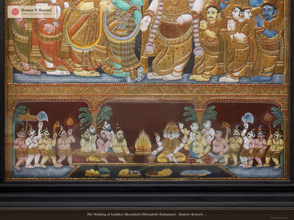 The Wedding of Goddess Meenakshi (Meenakshi Kalyanam) - Tanjore Artwork with Traditional Colours and 24K Gold