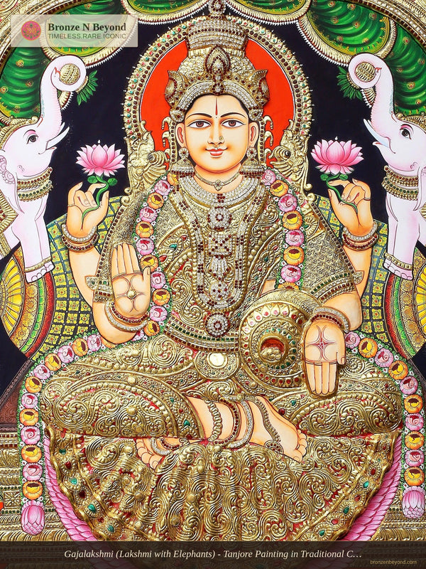 Gajalakshmi (Lakshmi with Elephants) - Tanjore Painting in Traditional Colours with 24K Gold Detailing