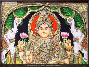 Gajalakshmi (Lakshmi with Elephants) - Tanjore Painting in Traditional Colours with 24K Gold Detailing