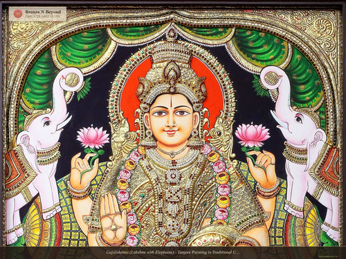 Gajalakshmi (Lakshmi with Elephants) - Tanjore Painting in Traditional Colours with 24K Gold Detailing
