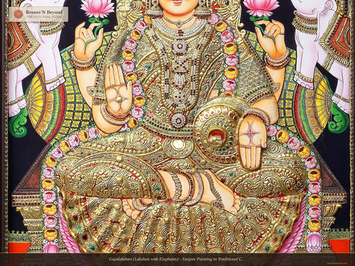 Gajalakshmi (Lakshmi with Elephants) - Tanjore Painting in Traditional Colours with 24K Gold Detailing