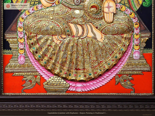 Gajalakshmi (Lakshmi with Elephants) - Tanjore Painting in Traditional Colours with 24K Gold Detailing