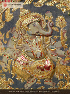 Dancing Lord Ganesha Tanjore Painting with Hand-applied 24K Gold and Traditional Colours