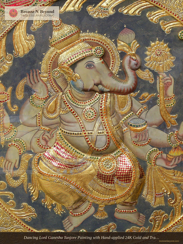 Dancing Lord Ganesha Tanjore Painting with Hand-applied 24K Gold and Traditional Colours