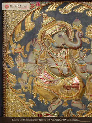 Dancing Lord Ganesha Tanjore Painting with Hand-applied 24K Gold and Traditional Colours